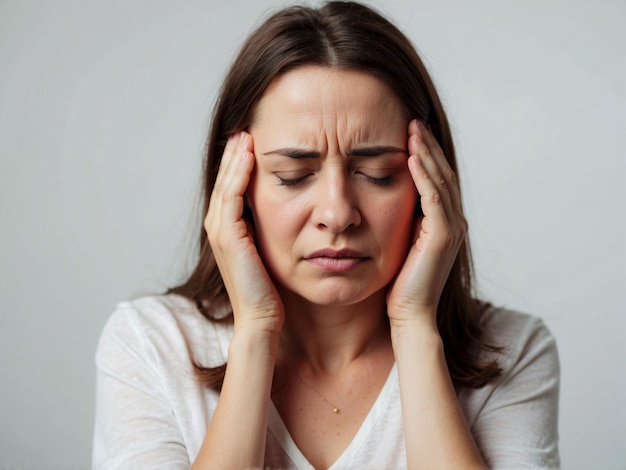 Mujer con migraña sosteniendo su cabeza en el dolor