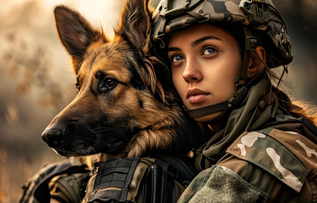 Mujer militar y su perro Una imagen del dueño del perro con casco