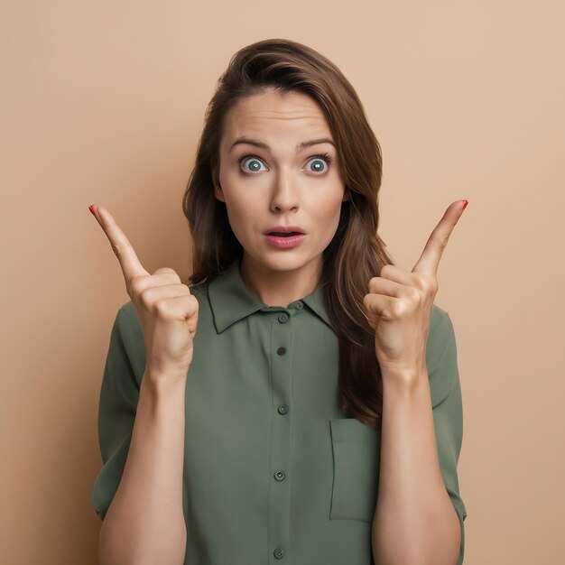 Foto la mujer mira fijamente con los ojos pinchados apunta directamente a la cámara nota algo chocante vestida casualmente aislada