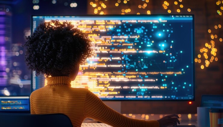 Foto una mujer mira fijamente una pantalla elegante llena de intrincada tecnología y código