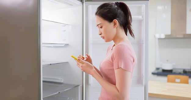 Foto mujer mira el refrigerador vacío