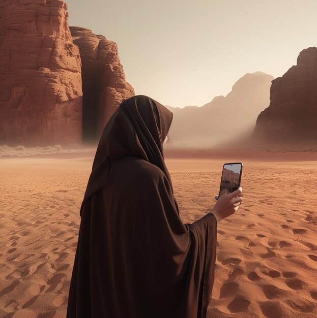 Una mujer mira su teléfono en el desierto.