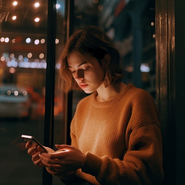 una mujer mira su teléfono mientras usa un suéter