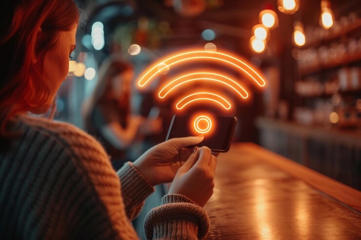 una mujer mira un teléfono con las palabras poder en la pantalla