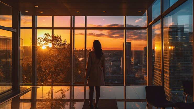 Una mujer mira por la ventana al atardecer generativo.