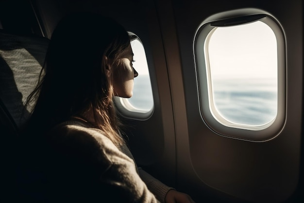 Una mujer mira por la ventana de un avión.