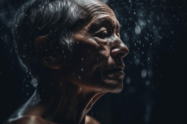 Una mujer mira por una ventana con gotas de lluvia.