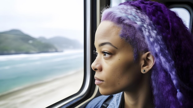 Una mujer mira por la ventana y mira por la ventana de un tren.