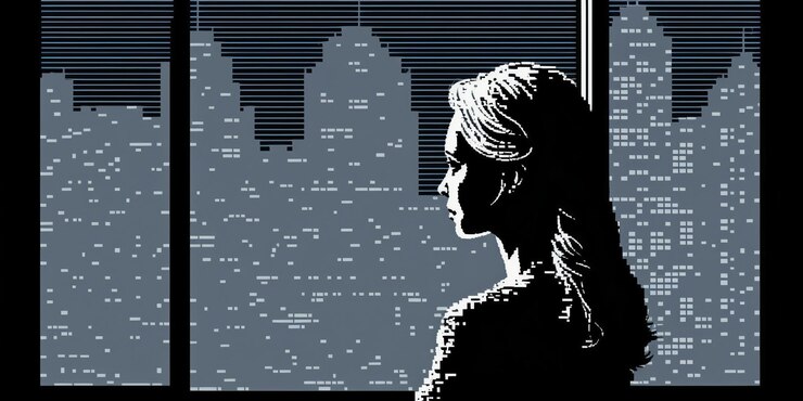 Foto una mujer mira por la ventana un paisaje urbano.