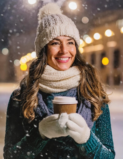 Mujer con mirada esperanzadora mientras toma café en medio de una nevazon