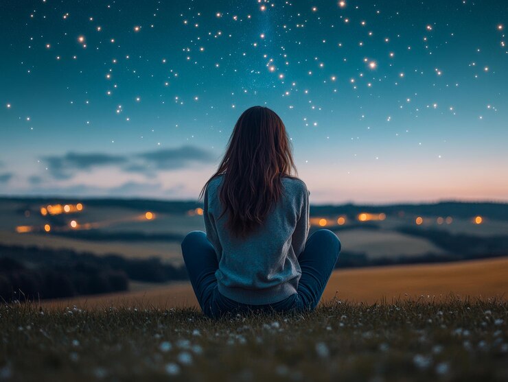 Una mujer mirando al cielo estrellado con asombro y temor