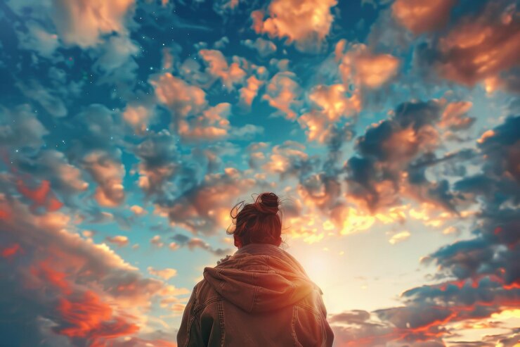 Foto una mujer mirando al cielo con el sol detrás de su espalda