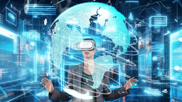 Mujer mirando alrededor del mundo círculo gráfico encender a través de la invención vr