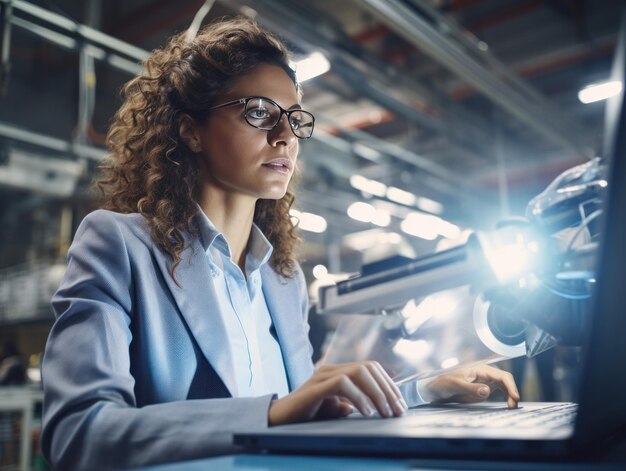 una mujer mirando una computadora portátil en una fábrica industrial