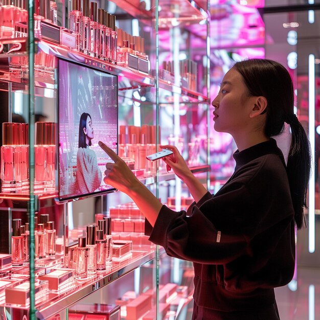 Foto mujer mirando una exhibición de cosméticos en una tienda generativa ai