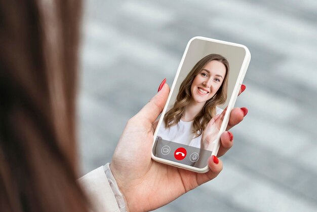 Mujer mirando la foto de una hermosa modelo en el teléfono móvil