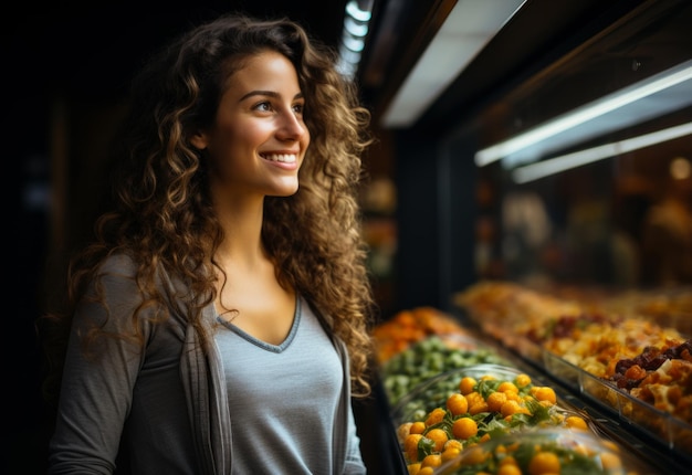 Una mujer mirando frutas y verduras Una mujer de pie frente a una exhibición de alimentos