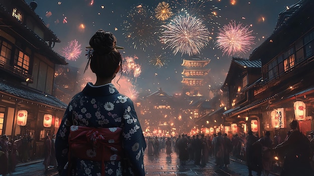 una mujer mirando fuegos artificiales en el cielo