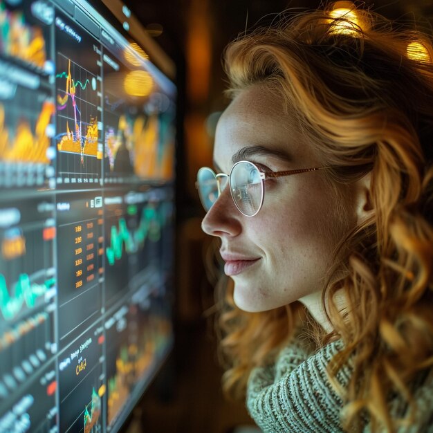 una mujer mirando un gráfico que dice gráfico en él