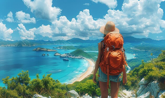 Foto una mujer está mirando una hermosa playa con una imagen de una mujer mirando hacia el mar