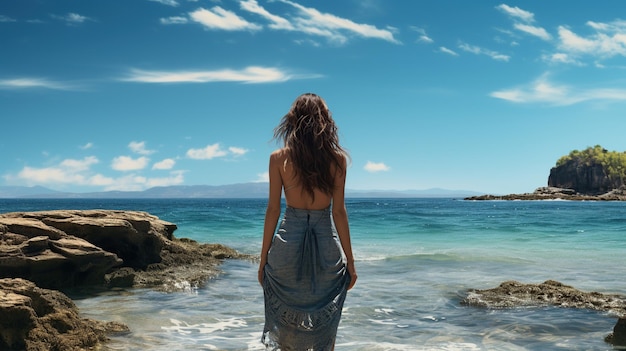 Mujer mirando el hermoso paisaje en la playa