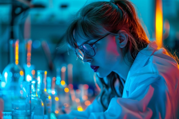 una mujer mirando un líquido que tiene la palabra laboratorio en él