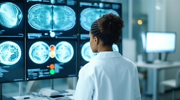 una mujer mirando una pantalla de computadora con el cerebro del cerebro en él