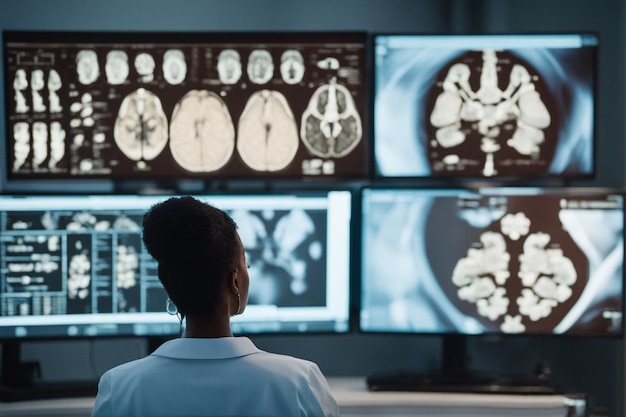 una mujer mirando una pantalla de computadora con el cerebro en ella.