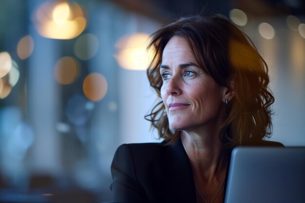 Foto una mujer está mirando una pantalla de computadora con un fondo borroso