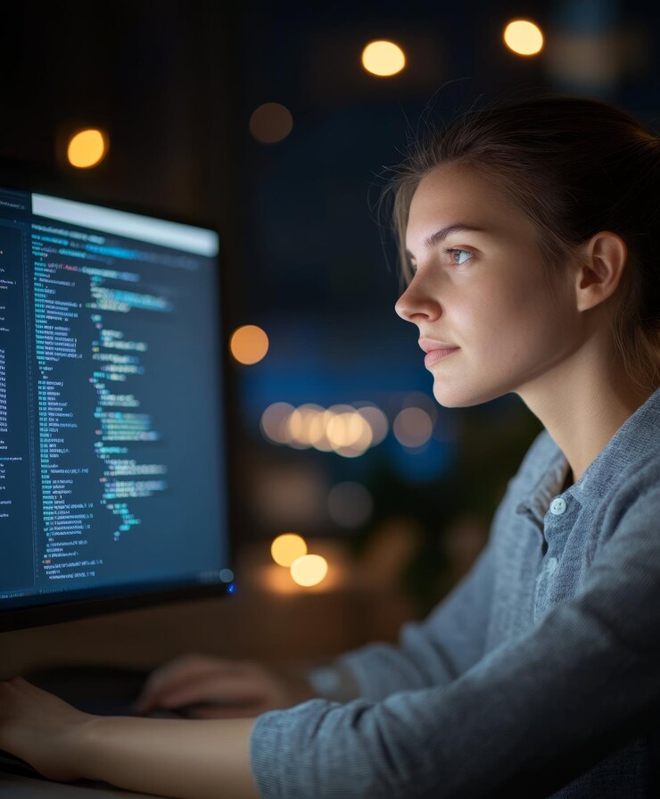 Foto mujer mirando la pantalla del monitor en un fondo de la sala de trabajo con camisa de cuello