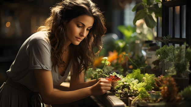 mujer mirando plantas en una jardinera en un jardín IA generativa