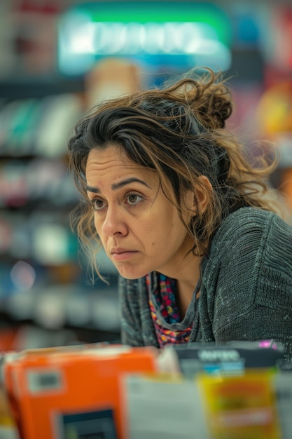 Foto una mujer está mirando un producto en una tienda