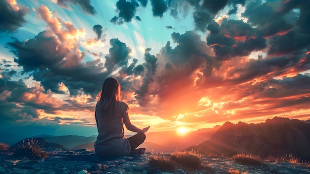 Foto una mujer mirando la puesta y el amanecer en una montaña