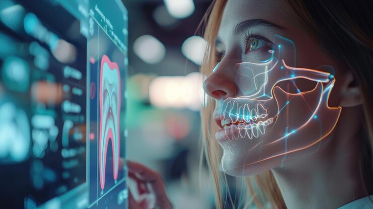 Mujer mirando una radiografía dental con una superposición de huesos de la mandíbula