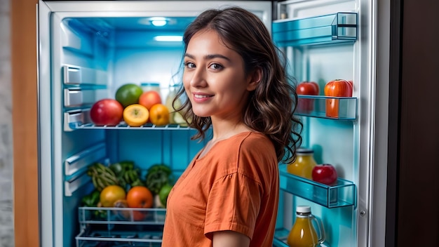 Mujer mirando el refrigerador lleno de productos frescos