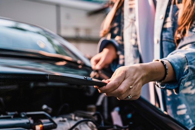 Mujer mirando su coche para resolver un problema