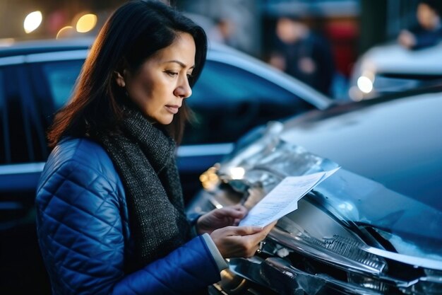 Una mujer mirando su móvil junto a un coche averiado