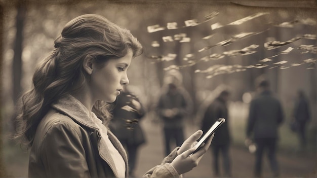una mujer mirando su teléfono celular mientras estaba de pie en un parque con gente