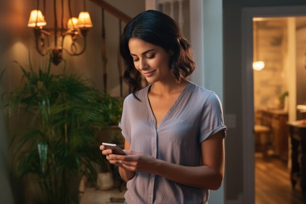 Foto la mujer está mirando su teléfono inteligente esta imagen se puede usar para ilustrar la comunicación tecnológica y el estilo de vida moderno