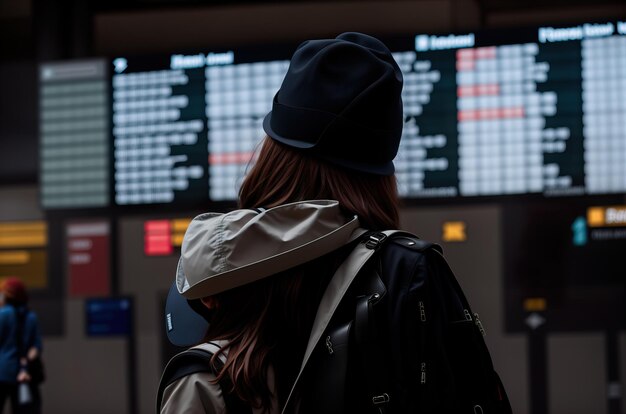 Mujer mirando el tablero de salida en el banner de la vista posterior del aeropuerto IA generativa