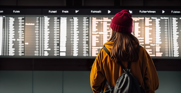 Mujer mirando el tablero de salida en el banner de la vista posterior del aeropuerto IA generativa