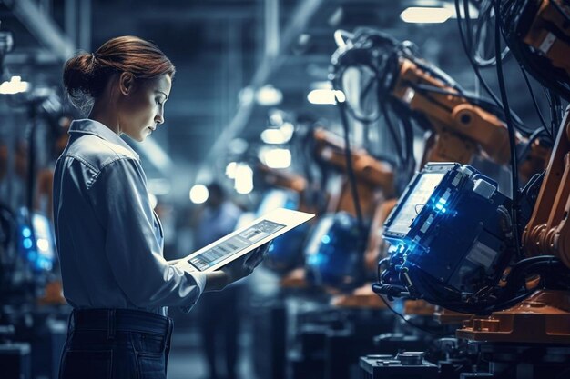 Foto una mujer mirando una tableta que dice robot en ella