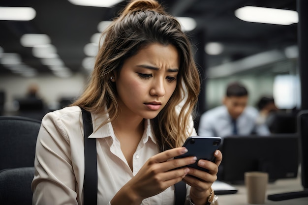 mujer mirando el teléfono con expresión de sorpresa