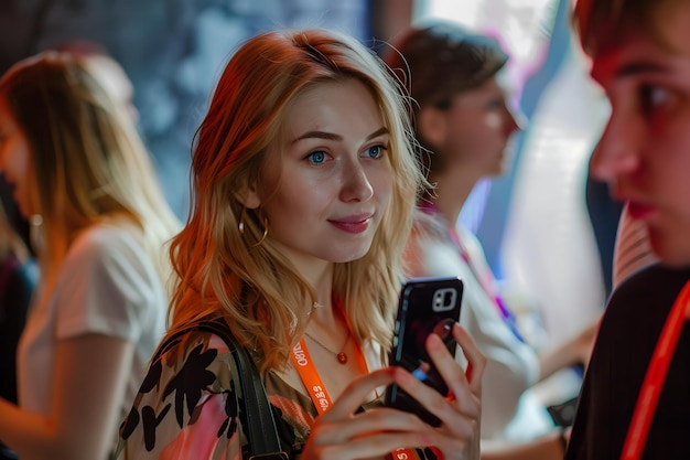 Mujer mirando el teléfono móvil junto a un hombre 30 de junio Día de las redes sociales