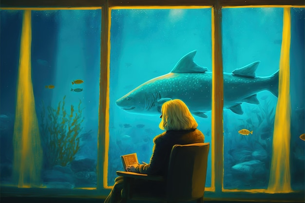 Mujer mirando el tiburón experimental en una gran pecera estilo de arte digital ilustración pintura concepto de fantasía de una mujer que mira un tiburón gigante