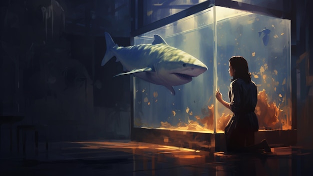 Mujer mirando el tiburón experimental en un pez grande