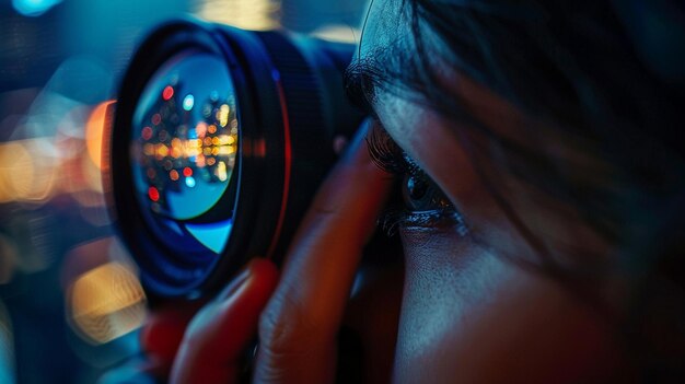 una mujer mirando a través de una cámara con las luces encendidas