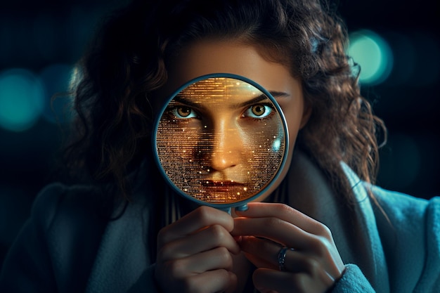 Mujer mirando a través de una lupa generada por la IA