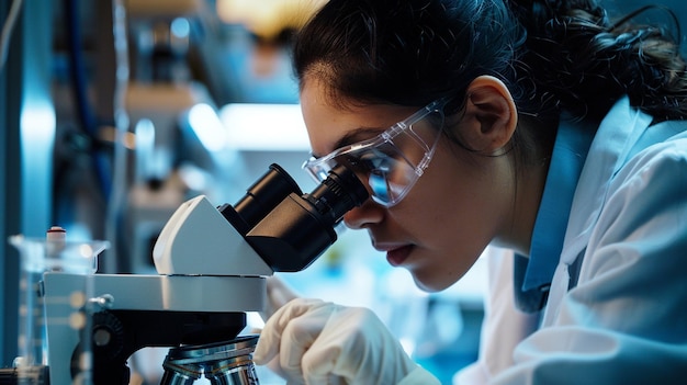 una mujer mirando a través de un microscope con un microscopio en el fondo