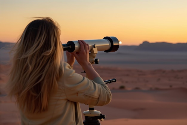 Mujer mirando a través de un telescopio con el horizonte del desierto